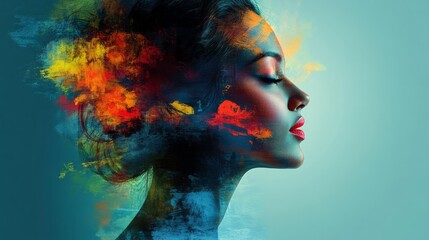 Woman profile with abstract vibrant colors superimposed on her skin
