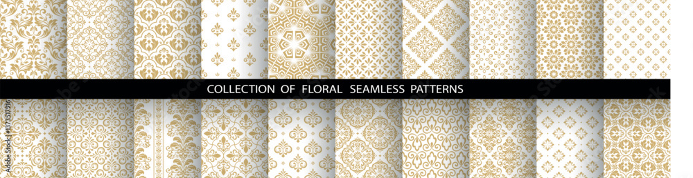 Poster geometric floral set of seamless patterns. white and golden vector backgrounds. damask graphic ornam