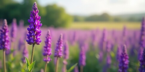 Obraz premium Vibrant purple salvia panorama, blurred summer field , soft, panorama