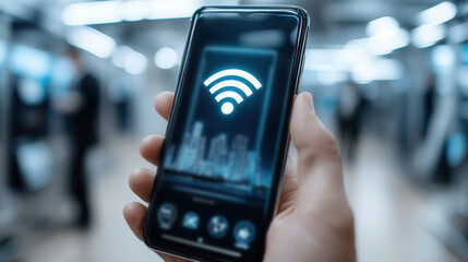 Close-up of smartphone displaying 5G connection with futuristic city skyline in blurred background