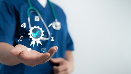 Doctor holding a virtual quality badge icon representing certified healthcare services and trust in...
