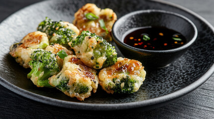 Crispy broccoli tempura served with soy dipping sauce on a black ceramic plate showcasing minimalist Japanese design