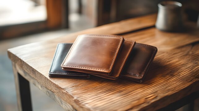 Elegant Collection of Three Leather Wallets on Wooden Surface for Men's Accessories
