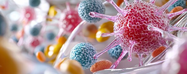 This image portrays a futuristic and microscopic view inside the human body, focusing on the complex interaction between immune cells and vaccine agents The scene is set within a glowing, biological