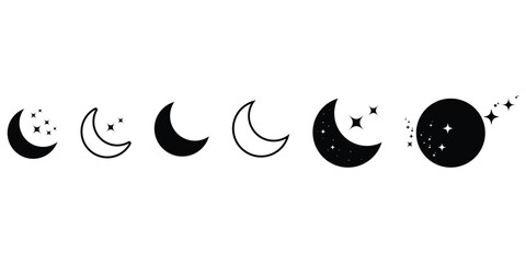 Glitter crescent moon with stars shiny sparking icon set. Collection of moon and star icon outlined and flat black illustration.