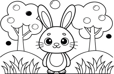 Cute Cartoon Bunny Outline with Landscape in a Transparent Background