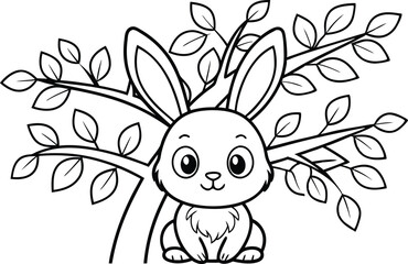 Cute Bunny Coloring Page Outline, Forest Branches, Transparent Background