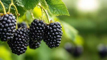 Ripe blackberries adorned with dewdrops glow in morning sunlight among lush foliage in a tranquil forest setting