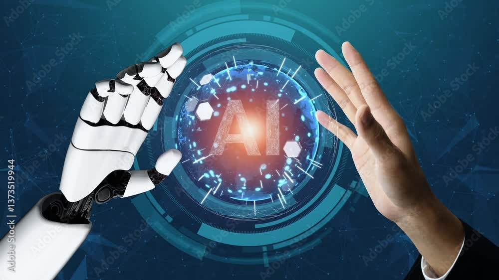 Poster futuristic robot artificial intelligence revolutionary ai technology development and machine learnin