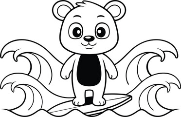 Outline Cartoon Bear Surfing Waves on Board in Ocean on Transparent Background