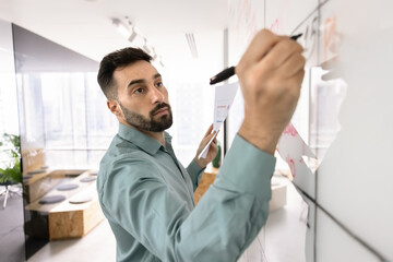Focused Hispanic professional man preparing presentation on Kanban board for teamwork, writing notes on whiteboard, working on scheduling, tasking, holding paper report