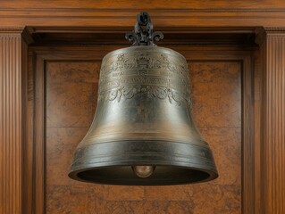 Obraz premium Antique Bronze Bell Display Museum Exhibition Cultural Artifact Elegant Environment Close-Up View Historical Significance
