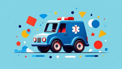 Cartoon ambulance vehicle on colorful abstract background