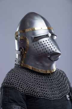 Close-Up of a Medieval Bascinet Helmet with Hounskull Visor