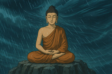 Buddha Meditating in the Rain Calming the Storm