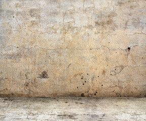 Empty interior scene with stucco wall and concrete floor. Open space with cement wall and floor. Rugged weathered urban wall backdrop. Mock-up with copy space. Grunge interior background. 3d render