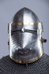 Close-Up of a Medieval Bascinet Helmet with Hounskull Visor