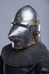 Close-Up of a Medieval Bascinet Helmet with Hounskull Visor