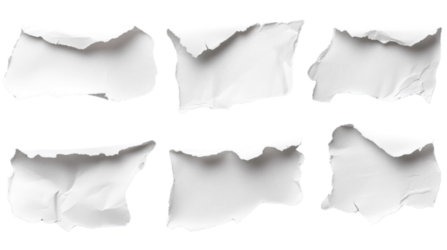 Collection of torn and crumpled pieces of white paper on a transparent background, showcasing various shapes and textures for creative design and digital projects.
