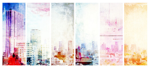 Set of banners with old paper texture and skyscrapers. Collection of grunge retro banner with urban scene. Vintage backdrops set with metropolis. Multifaceted perspective on cityscape concept