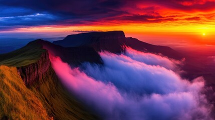 Fototapeta premium Vivid sunset over mountain peaks with a sea of clouds
