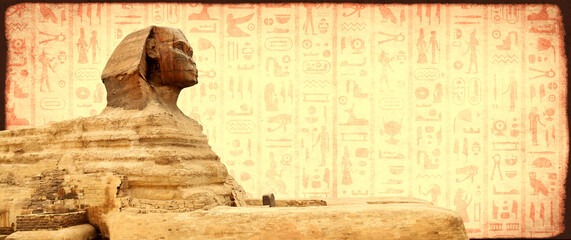 Horizontal travel banner with egyptian hieroglyphs and Great Sphinx. Background with paper texture...