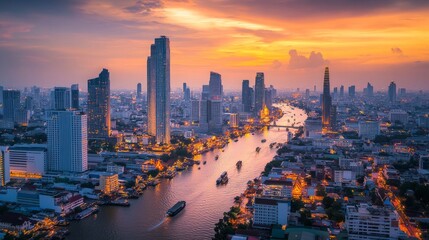Fototapeta premium Vibrant sunset over chao phraya river bangkok cityscape photography urban environment aerial view travel inspiration
