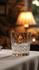 Elegant Cut Glass Whiskey Tumbler on Table with Warm Lighting
