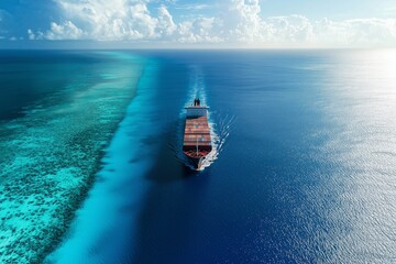 Aerial View Photo of Cargo Ship Traversing Ocean Waters Between Vibrant Coral Seas and Open Horizon - Space for Text