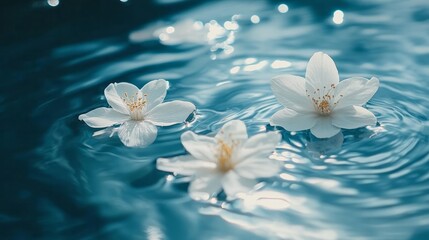 White flowers gracefully float on tranquil blue water surface