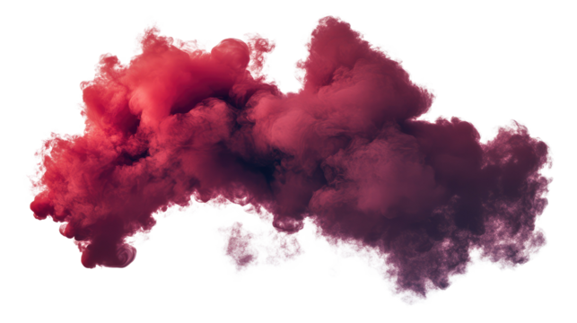 Abstract smoke cloud in shades of red and purple swirling against a transparent background, creating an ethereal and dramatic atmosphere, perfect for artistic concepts and designs.