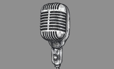 Fototapeta premium Vintage Microphone Hand Drawn Sketch in Minimalist Engraving Style for Retro Music Design
