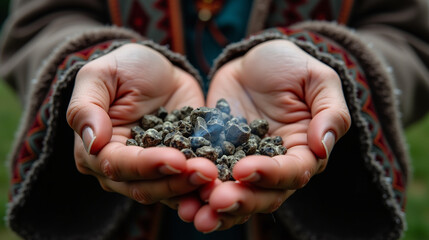 Pair of hands holding a handful of small rocks. The hands are cupped together, with the palms facing upwards.