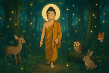 Buddha Walking in Magical Forest Tranquil Night Scene
