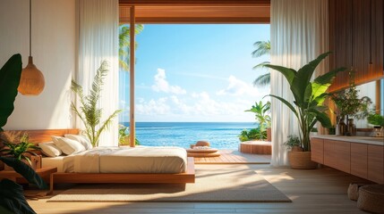 Fototapeta premium Luxurious Beachfront Bedroom with Ocean View and Indoor Plants