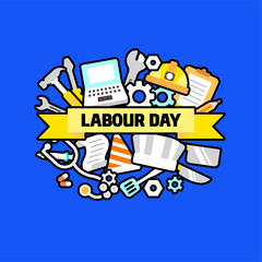 Black line cute icon LABOUR DAY banner