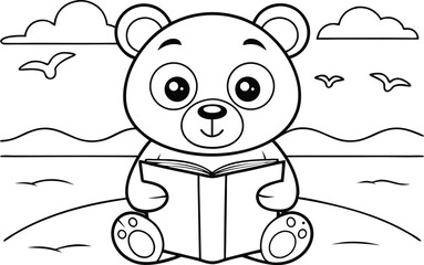 Cute Line Art Bear Reading Book on a Hill with Clouds and Birds Outline