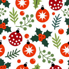 Christmas baubles and holly Seamless pattern background ideal for wrapping paper, fabric, textile etc.