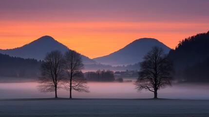 Fototapeta premium Serene Sunrise Misty Valley Mountains Trees Peaceful Landscape