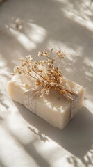 Delicate soap bar wrapped in biodegradable paper with dried flower accents, organic feel, soft shadows, white background