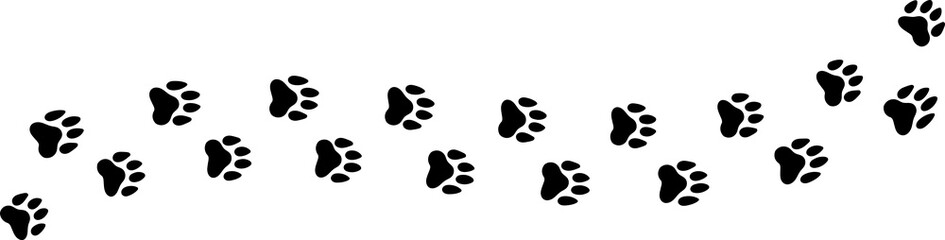 Paw foot trail print of cat dog and other. Pattern animal tracks isolated on white background. Black silhouette of a paw print, isolated icon Illustration.