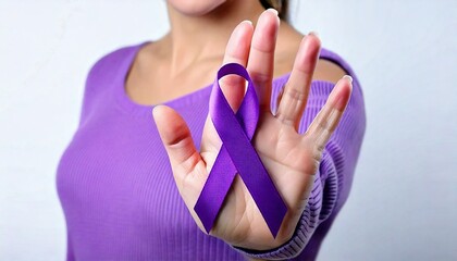 woman with outstretched hand holding purple ribbon, AI