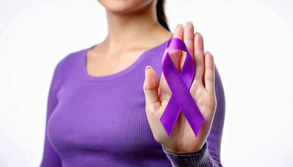 woman with outstretched hand holding purple ribbon, AI