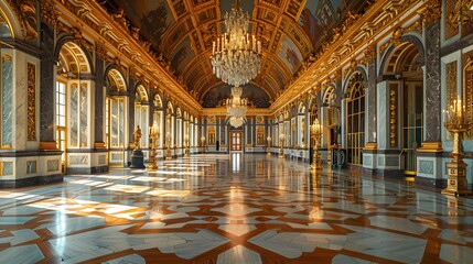 Obraz premium Majestic Palace Interior Grand Hall with Ornate Gold Details and Marble Floor