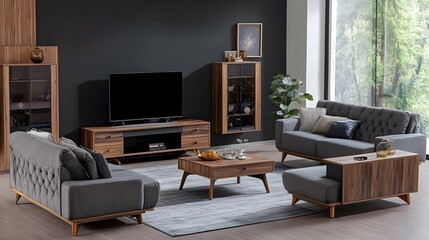 Modern Gray and Wooden Living Room with TV Set and Sofa Side Interior Design Concept
