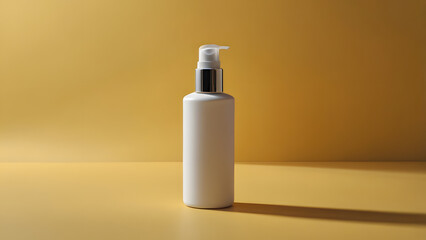 White matte bottle with dispenser for cosmetics on yellow background