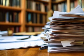 Stacked paperwork on a wooden desk in a library during a quiet afternoon