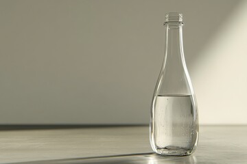 Clear Glass Bottle with Water on Minimalist Surface and Light