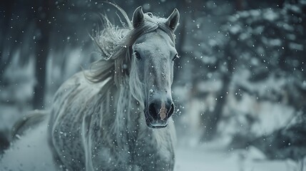 Obraz premium Majestic White Horse Running Through a Snowy Winter Forest A Breathtaking Scene of Nature's Beauty