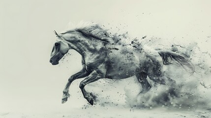 Obraz premium Majestic Grey Horse in Motion Abstract Art Dynamic Equine Galloping Through Dust and Paint Splatter
